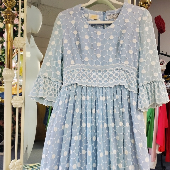 Vintage late 60s, Early 70s Baby Blue Embroidered Eyelet Circle Maxi Dress - Picture 11 of 16